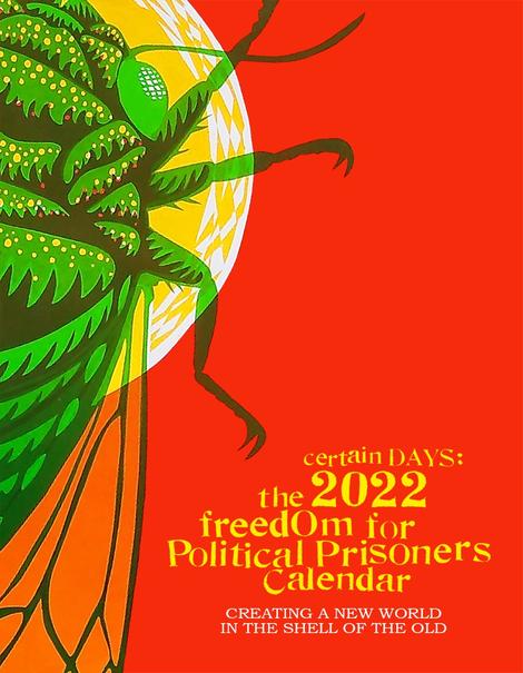 A green locust over a yellow sun in the left side of the image, with the yellow words "Certain Days: the 2022 freedom for political prisoners calendar: creating a new world in the shell of the old" in the bottom right corner.