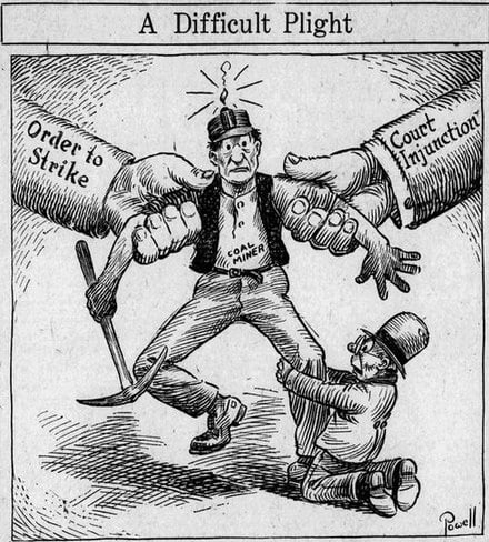 Newspaper cartoon depicting a mine worker with a mining axe in hand, pulled in different directions by "order to strike" and "court injunction."