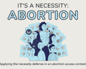 An ivory background with a blue and grey image at center that depicts femme and non-binary people of different racial identities holding their fists up or a protest sign. Behind them are blister-packs of pills to represent abortion pills. Text reads: IT'S A NECESSITY: ABORTION. APPLYING THE NECESSITY DEFENSE IN THE ABORTION ACCESS CONTEXT.