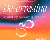 A gradient background with soft orange, pink, blue, and magenta. An illustration of handcuffs is at the center, depicted in white ink. Text reads: "CLDC.ORG, De-arresting, Important legal information for street actions, new blog, written by the CLDC legal team."