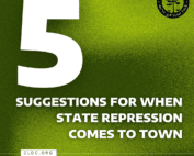 A grainy green background with a large white #5 in the left corner, CLDC logo in the upper right corner, cldc.org in bottom left corner. Text reads "suggestions for when state repression comes to town."