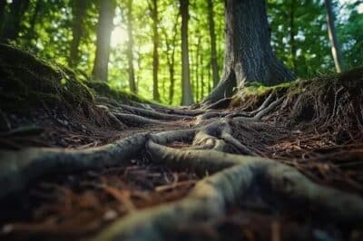 The roots of a tree are in the foreground of this photo and there is a forest in the background, with the sun shining through the branches.