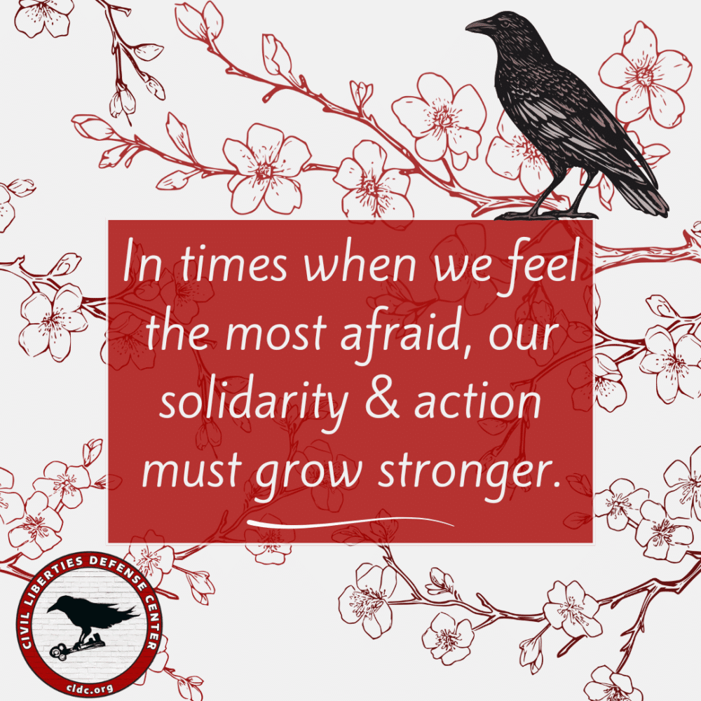A promotional graphic featuring a black raven perched on a branch with red cherry blossoms. The image has a bold red text box stating: "In times when we feel the most afraid, our solidarity & action must grow stronger." The CLDC logo appears in the bottom left corner, showing a raven with a key and the text "CIVIL LIBERTIES DEFENSE CENTER" and website "cldc.org"