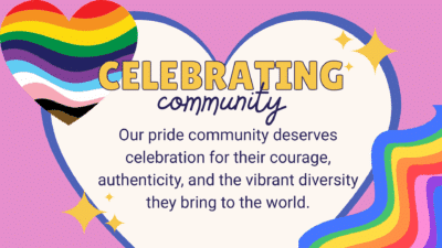 A Pride celebration flyer with a pink background featuring flowing rainbow stripes and heart shapes. The main text reads 'CELEBRATING community' in large yellow and script lettering, followed by the message 'Our pride community deserves celebration for their courage, authenticity, and the vibrant diversity they bring to the world' in dark blue text. The design incorporates Pride flag colors (including the Progress Pride flag with black, brown, light blue, pink, and white stripes) in decorative heart and wave elements, accented with golden four-pointed stars throughout the composition.