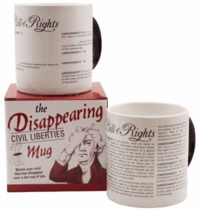 Image of the Disappearing Civil Liberties Mug featuring Thomas Jefferson holding his forehead in dismay.