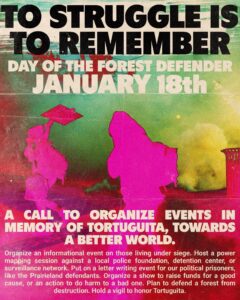 Distressed graphic with layered pink, green, yellow, and red tones showing silhouettes of two figures in solidarity. Bold black text reads 'TO STRUGGLE IS TO REMEMBER' above cream-colored text announcing 'DAY OF THE FOREST DEFENDER JANUARY 18th.' Bottom section contains a call to action in white text: 'A CALL TO ORGANIZE EVENTS IN MEMORY OF TORTUGUITA, TOWARDS A BETTER WORLD,' followed by smaller text listing action examples including organizing informational events, power mapping sessions, letter writing for political prisoners like Prairieland defendants, fundraising shows, forest defense actions, and vigils to honor Tortuguita.