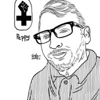 Black-and-white line drawing portrait of Peppy, a smiling man with short hair, rectangular glasses, facial stubble, and a striped collared shirt. In the upper left corner, a raised black fist emerges from a feminist symbol, with the handwritten name “Peppy” beneath it.